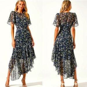 ASTR Flutter Sleeve Asymmetrical Floral Maxi Dress Shimmer Chiffon